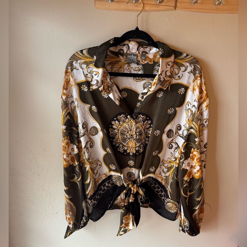 Soho Women's Button Down Shirt - Olive and Gold Floral